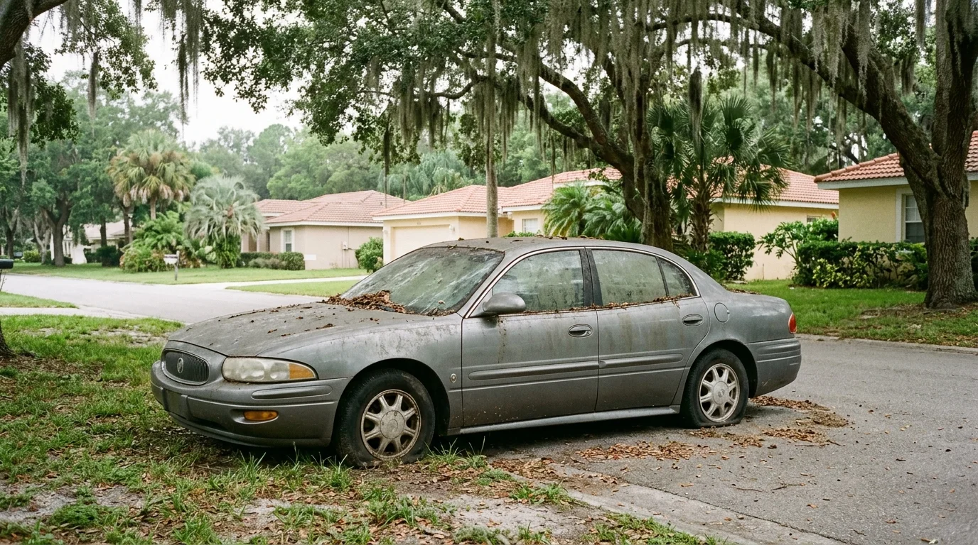 A dusty sedan with two flat tires sitting untouched at the edge of an Orlando side street