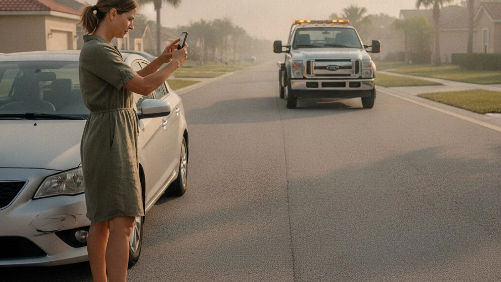 A driver photographing damage to a car on a suburban Orlando street as a tow truck arrives