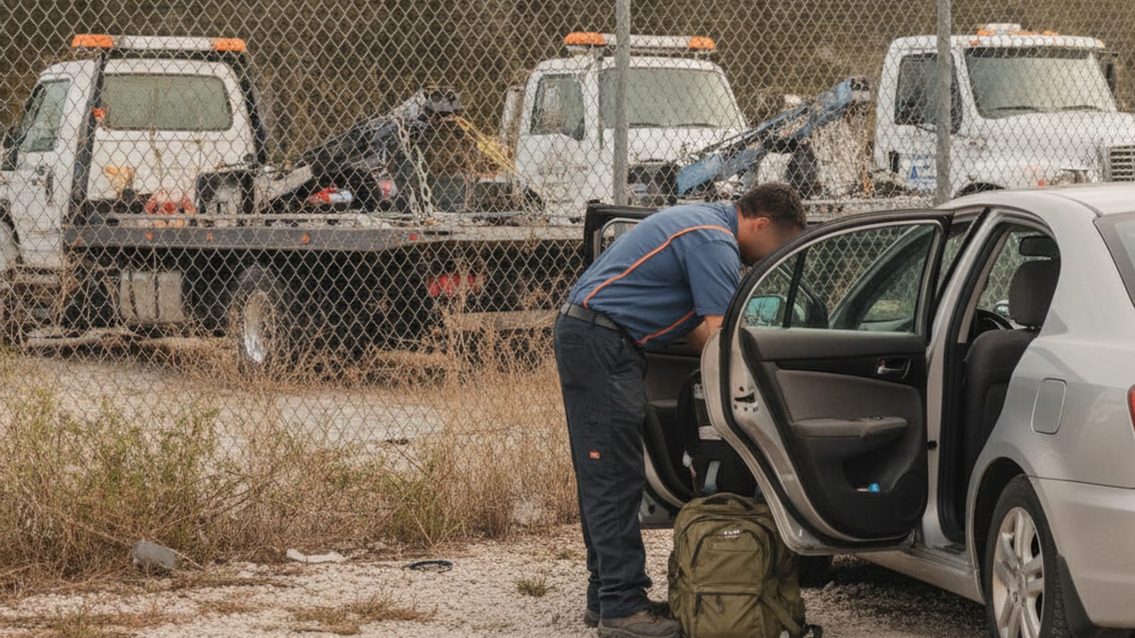 Driver retrieving a backpack and phone charger from the back seat of a towed car at a storage yard