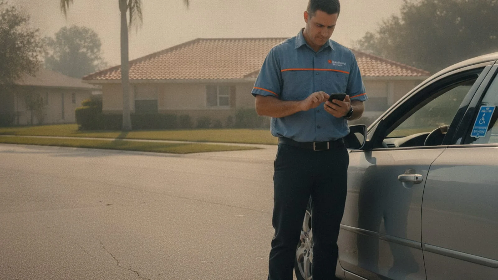 A tow operator checking a phone beside a sedan on a quiet Orlando street