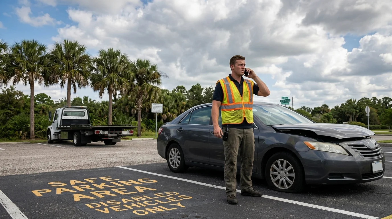 Orlando driver calling for towing help beside a disabled sedan