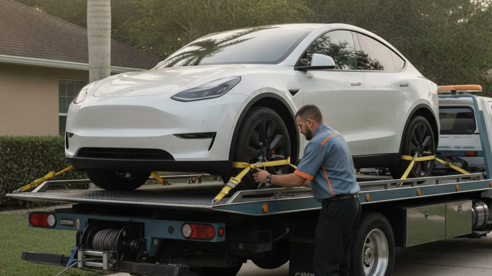 A white electric SUV strapped down on a flatbed deck outside a Central Florida home
