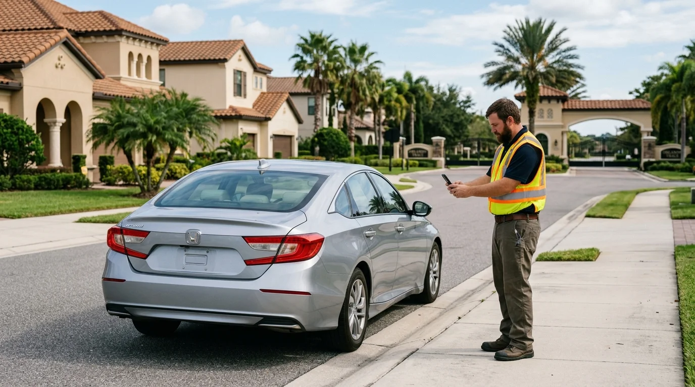 Resident photographing a parked sedan in an Orlando HOA community