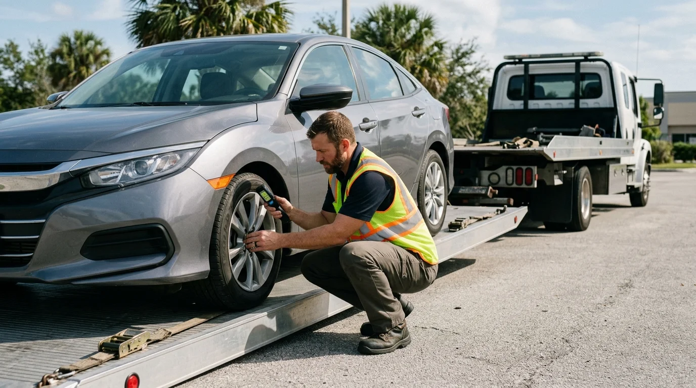Operator inspecting a hybrid sedan beside a flatbed tow truck