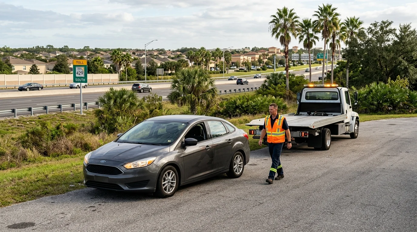 Disabled sedan stopped off the travel lanes near the SR 429 corridor in Apopka