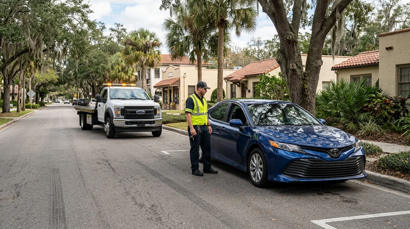 Disabled sedan parked safely beside a Winter Park road