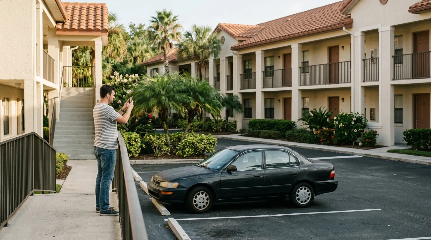 Resident photographing a car parked in an assigned Orlando apartment space