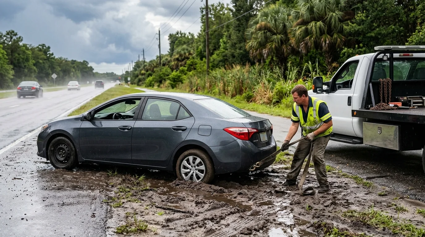 Sedan settled into a muddy Orlando roadside shoulder after a storm