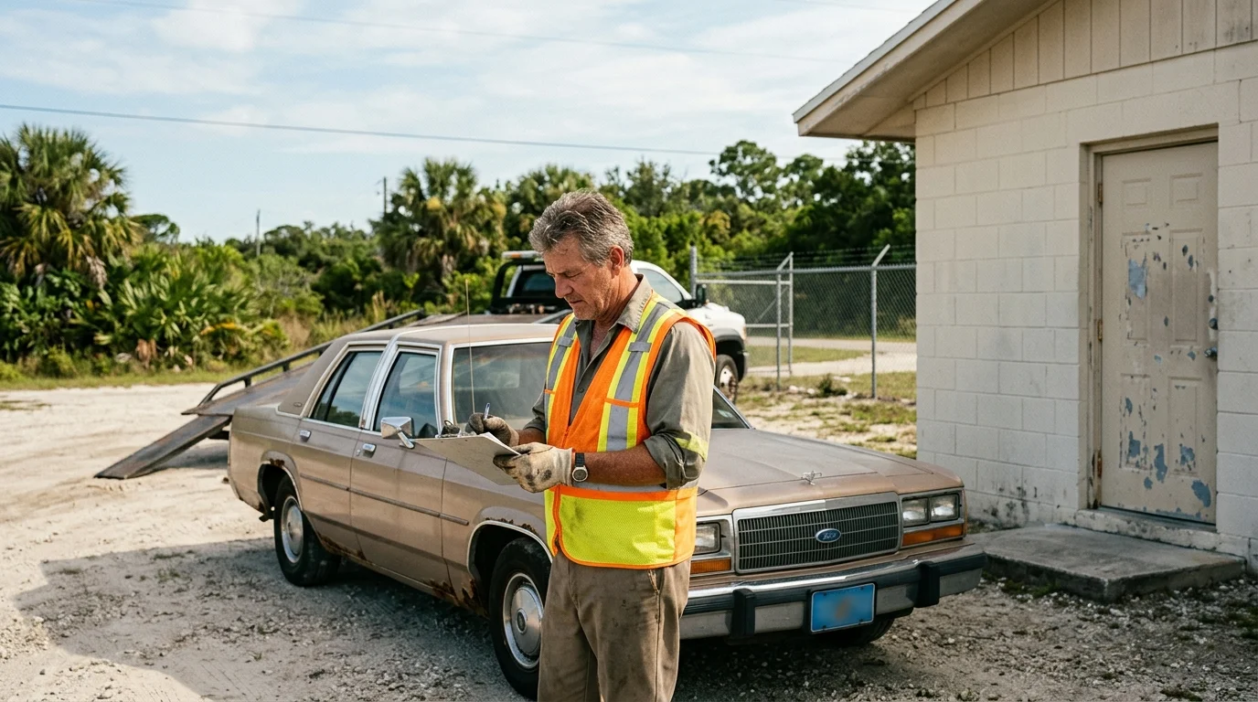 Older car beside a Florida vehicle-processing office with paperwork on a clipboard