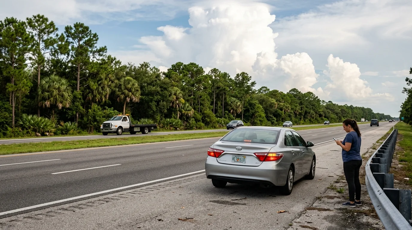 A driver waiting beside a sedan on a Central Florida shoulder while a flatbed pulls up behind