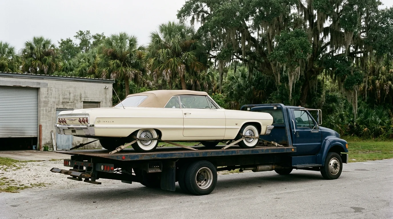 A restored 1960s convertible strapped down on an open flatbed outside a Central Florida shop