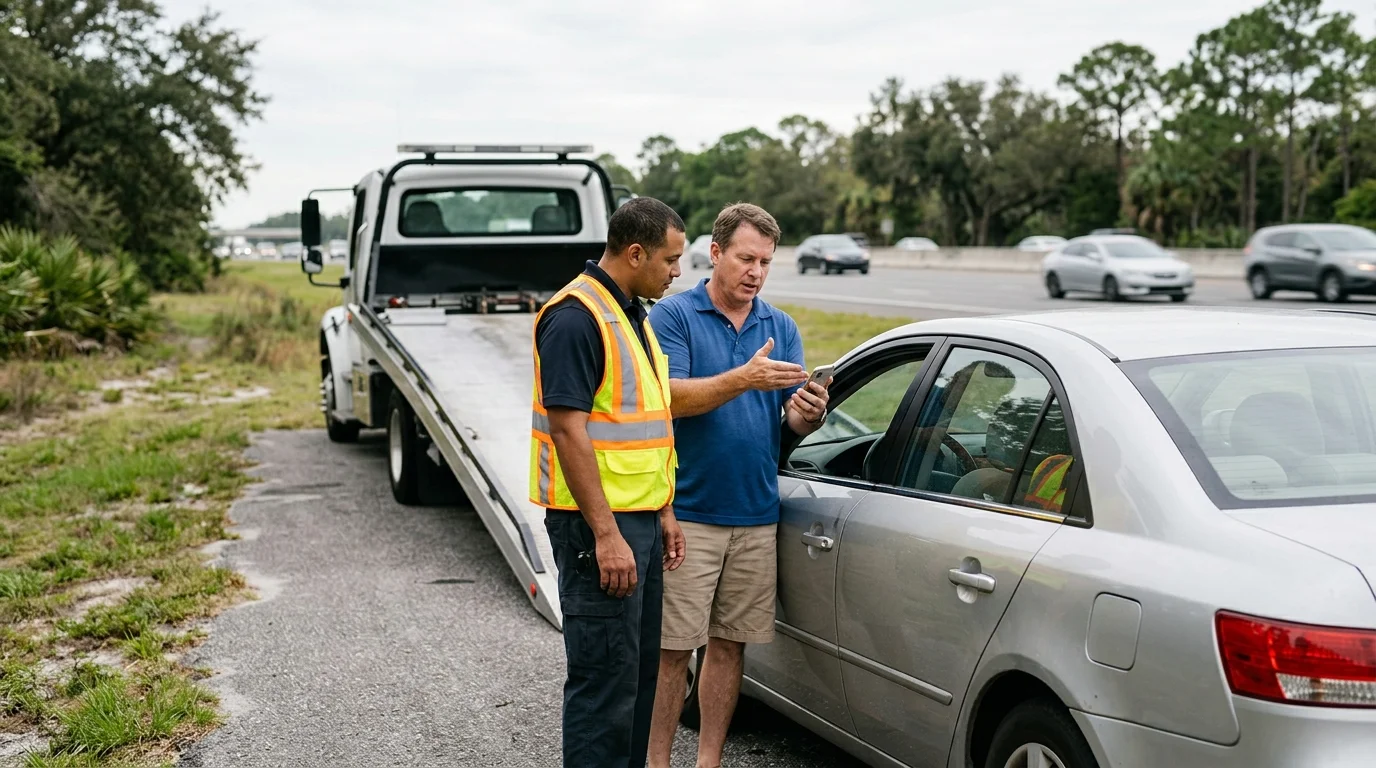 Stranded Orlando driver comparing towing details on a phone beside a disabled sedan