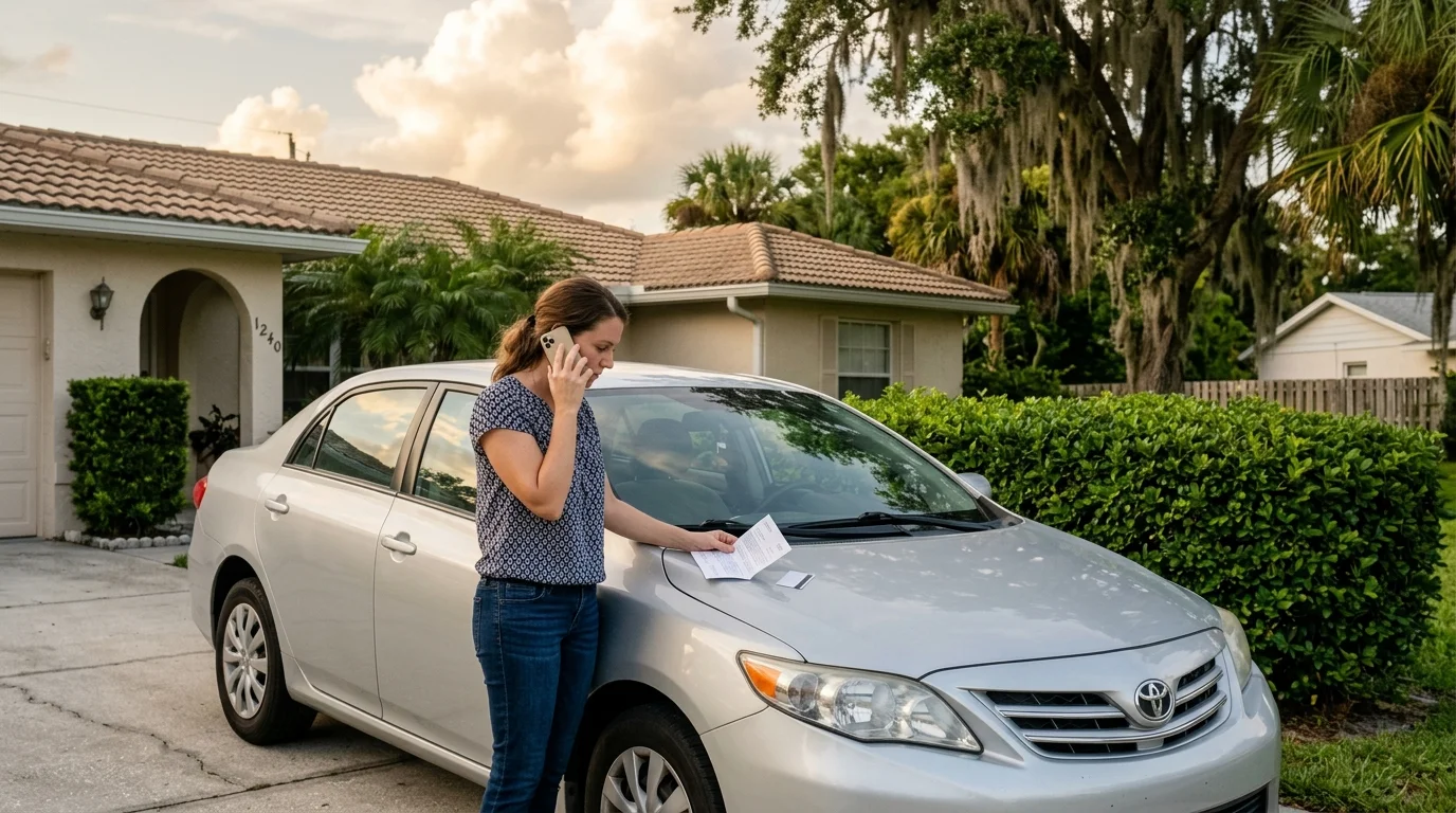 A driver reviewing insurance paperwork beside a car in a Florida driveway
