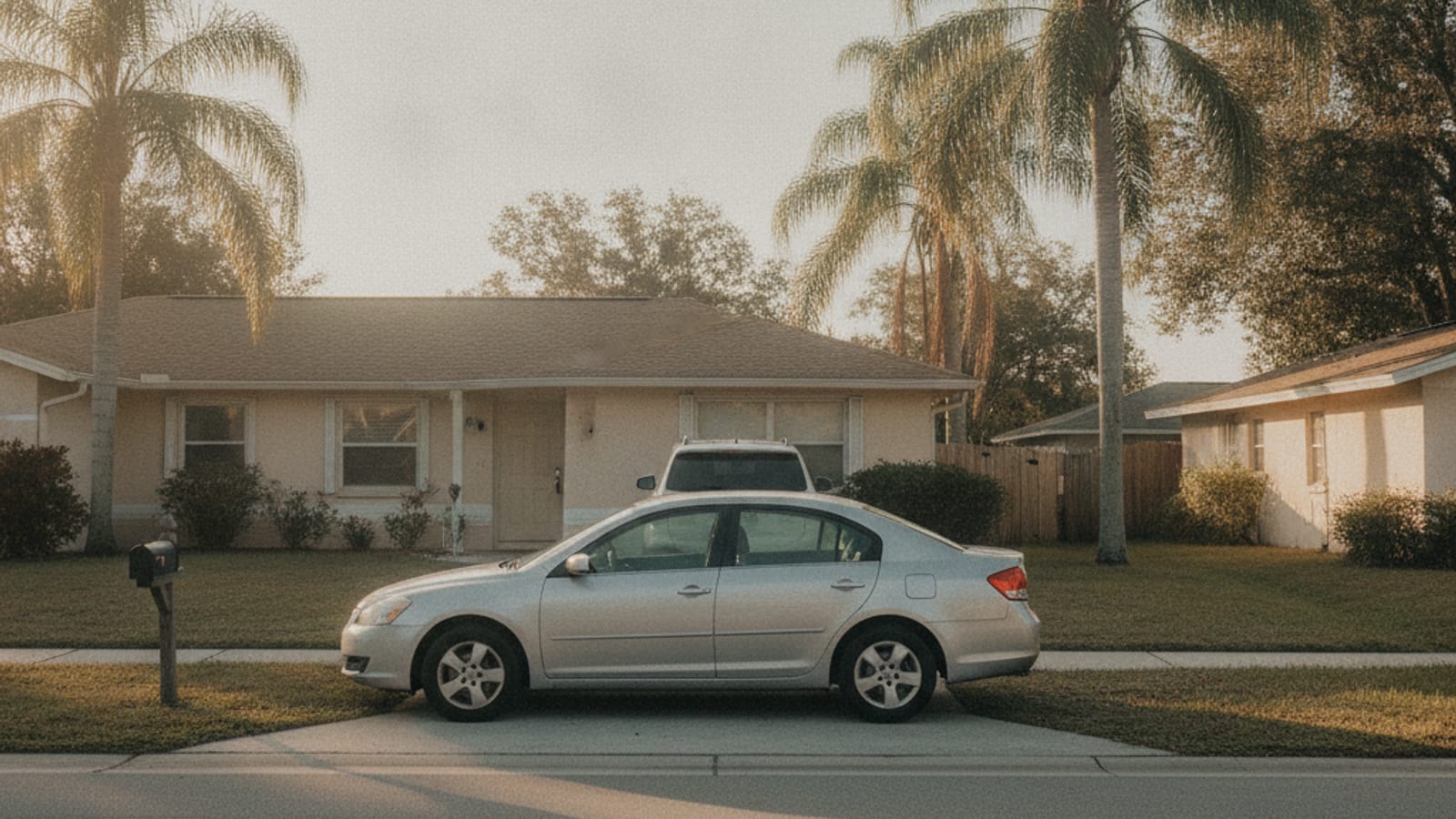 A car parked at the curb blocking the end of a driveway in a Central Florida neighborhood