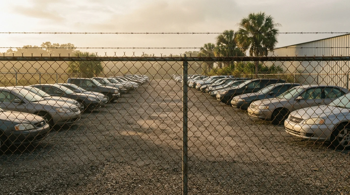 Rows of impounded cars behind a chain-link fence at a Central Florida storage yard