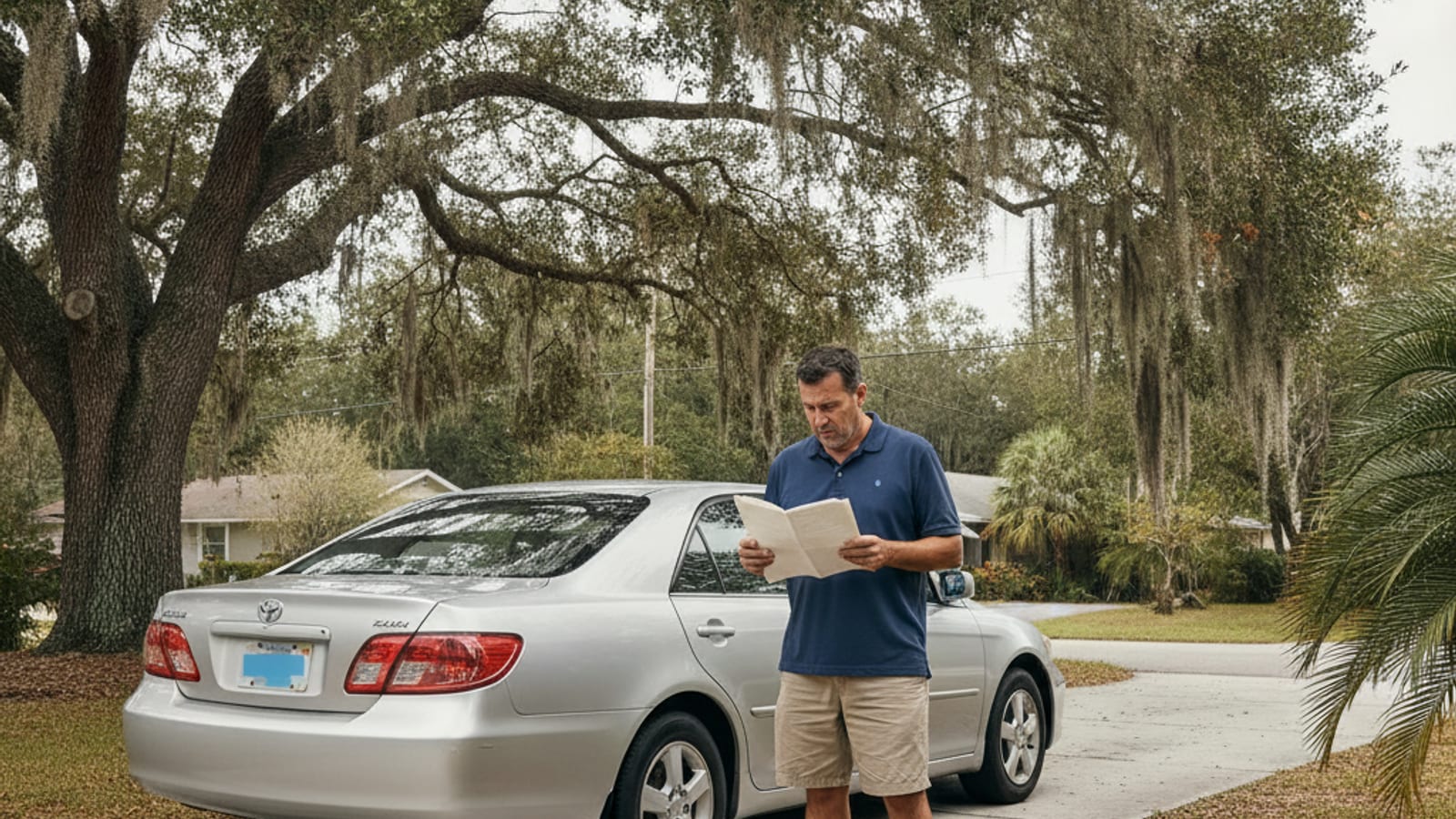 Driver standing beside a sedan in a Florida driveway checking registration paperwork