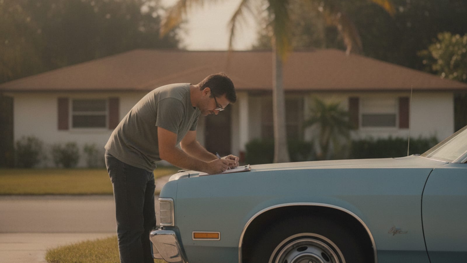 A signed vehicle title and Florida license plate resting on a car hood next to a set of keys