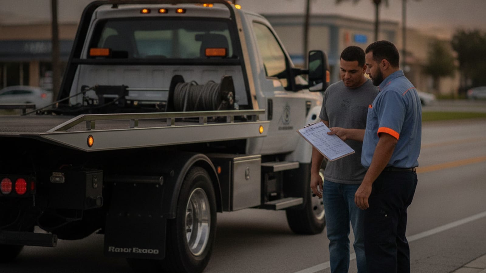 Orange County towing ordinance paperwork on a clipboard next to a tow truck at a curb