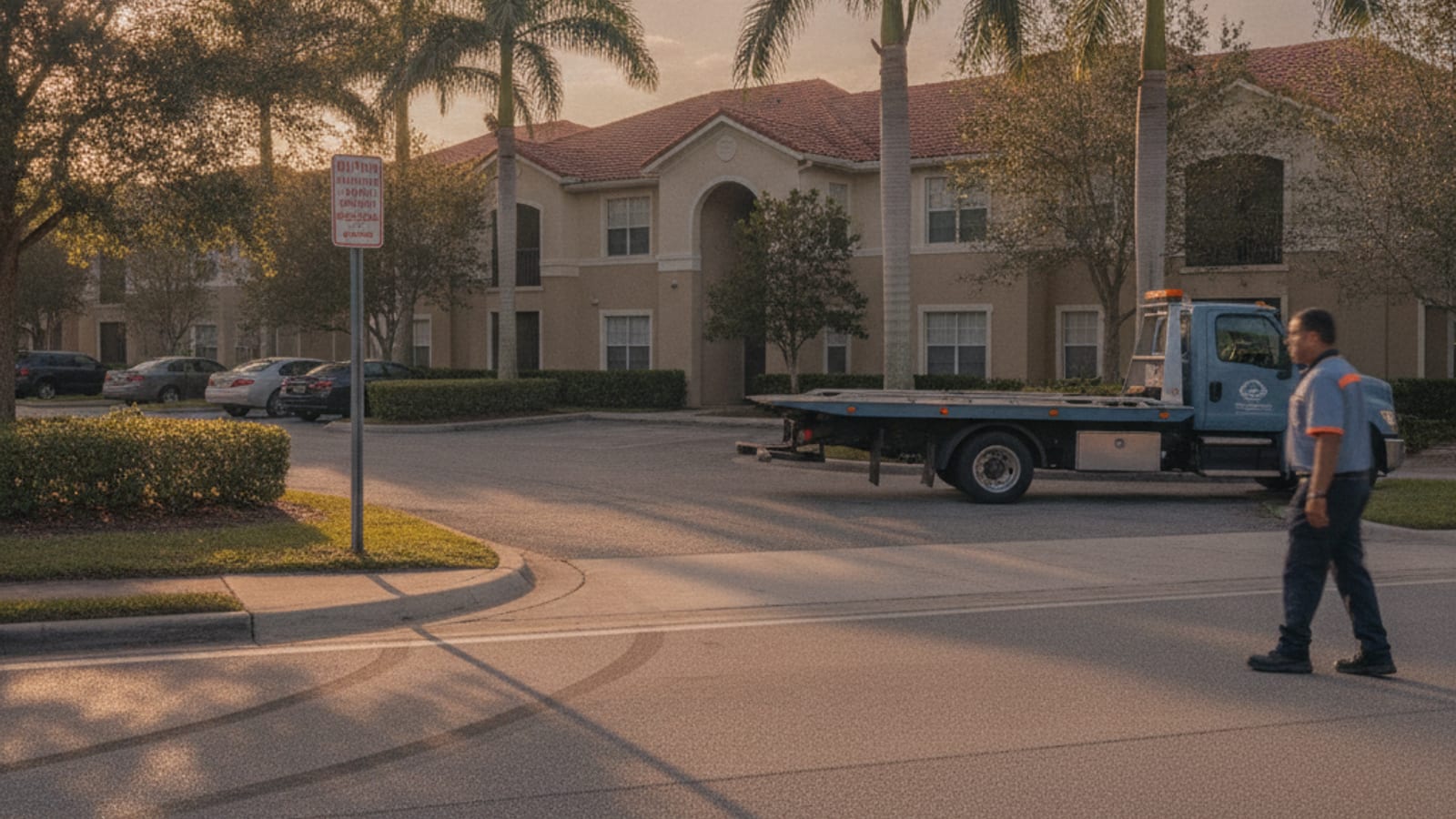 Tow-away zone sign posted at the entrance of an Orlando apartment complex parking lot