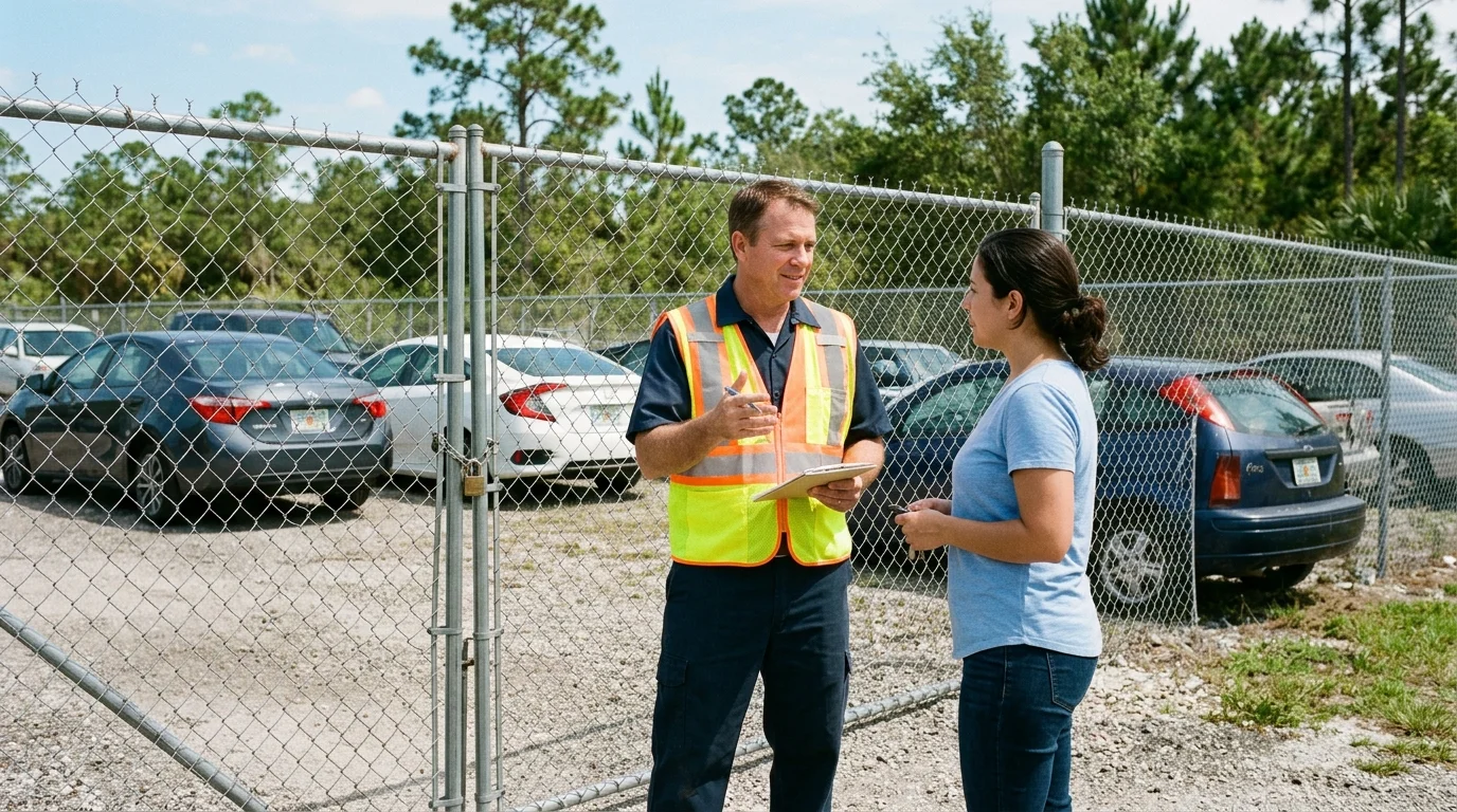 Vehicle owner speaking with an attendant outside an Orlando storage yard