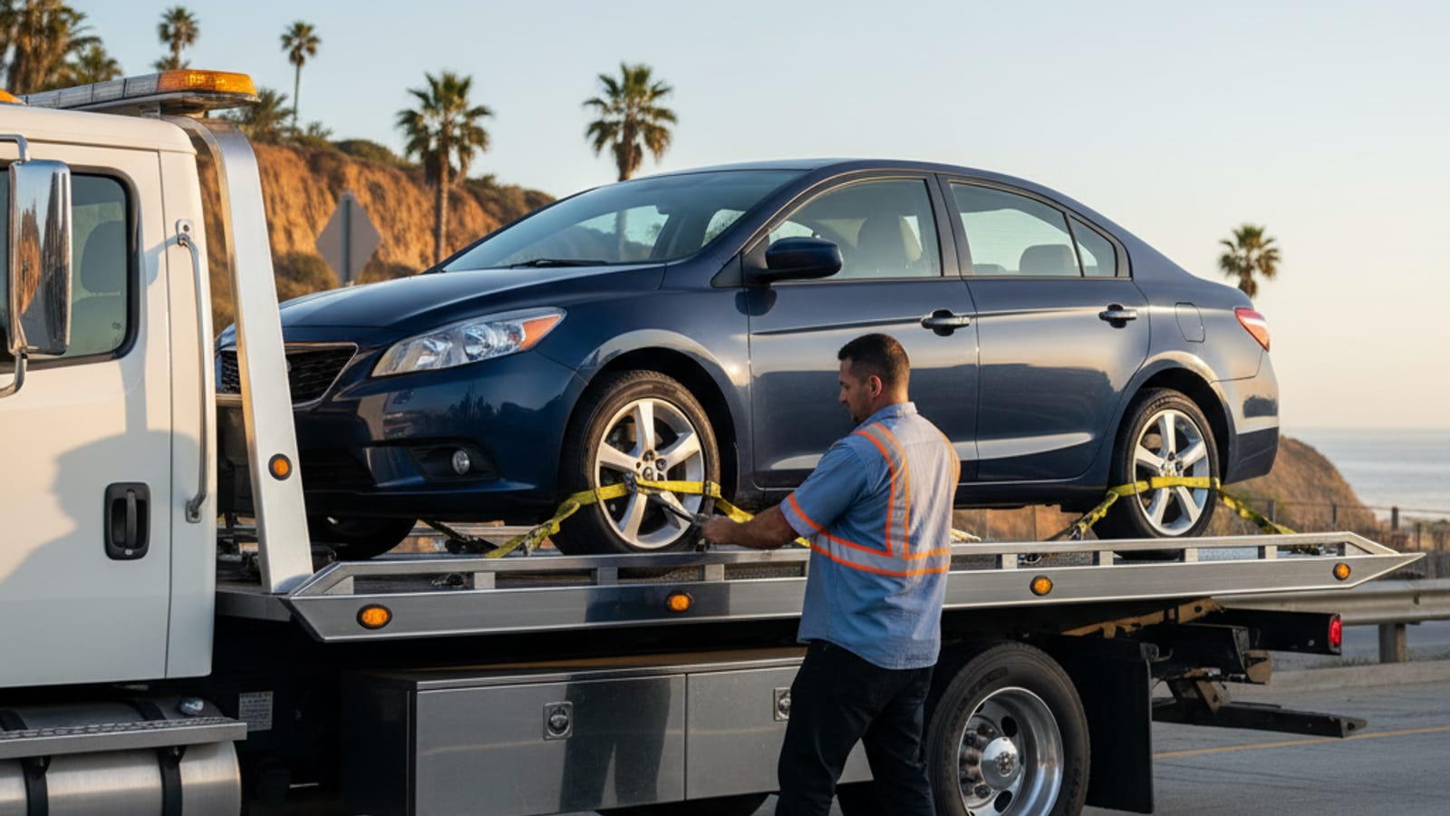 Person checking a towing information sign in a parking lot