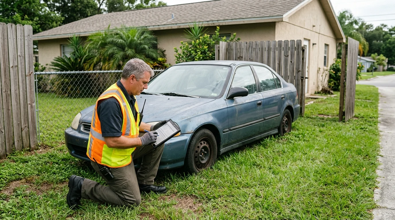 Older car parked behind an Orlando home with a narrow side gate