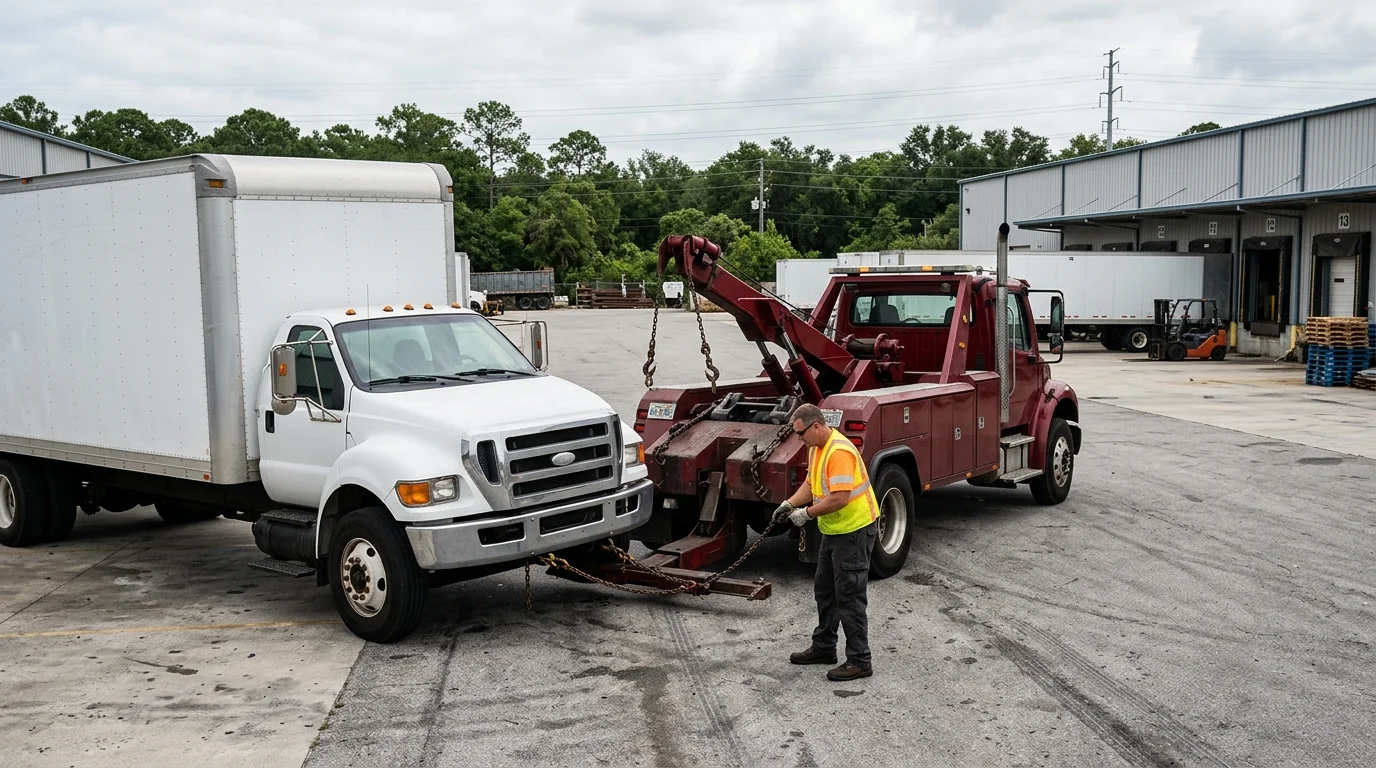Disabled box truck with a heavy tow vehicle nearby