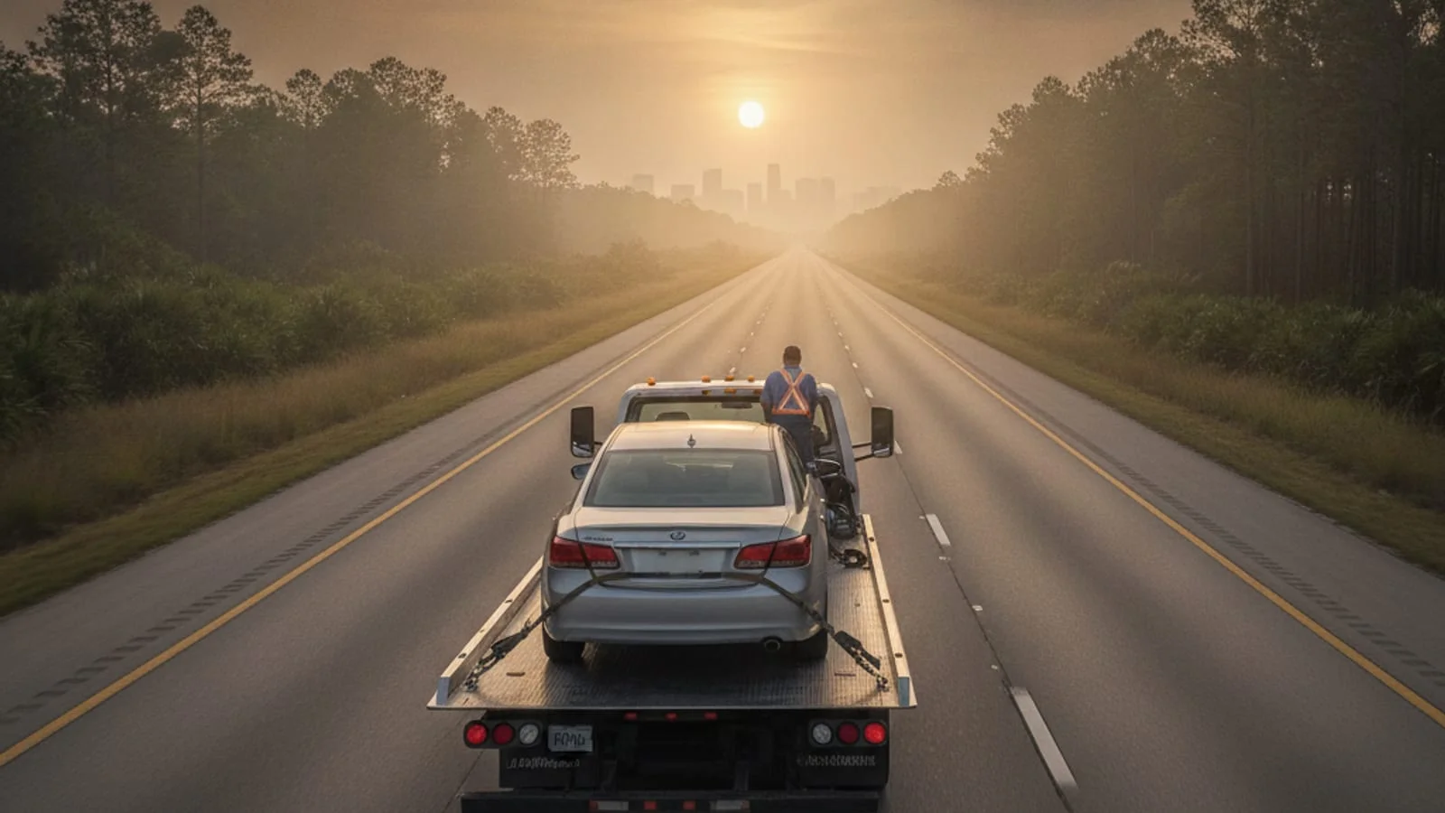 A flatbed carrying a sedan on an open Florida highway at sunrise