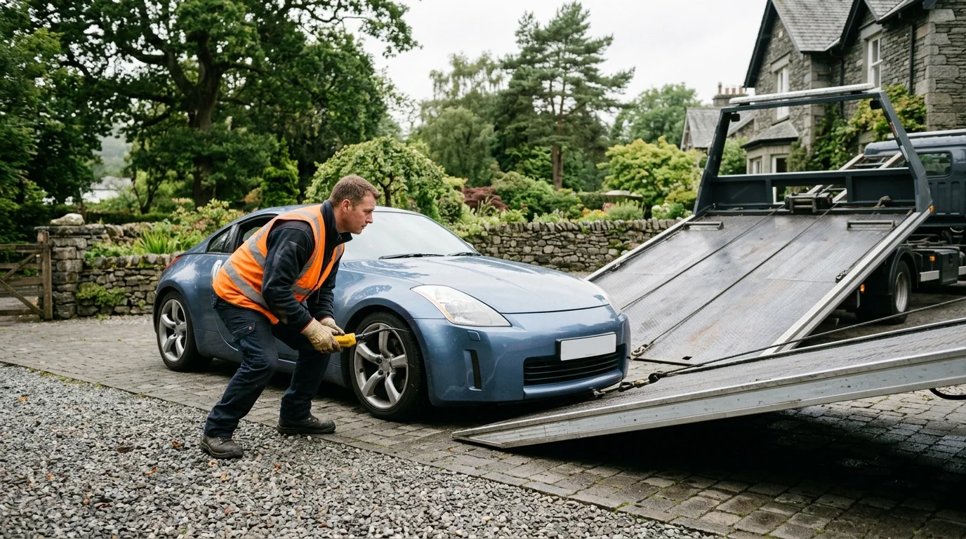 Operator inspecting a low-clearance sports coupe beside a tilted flatbed