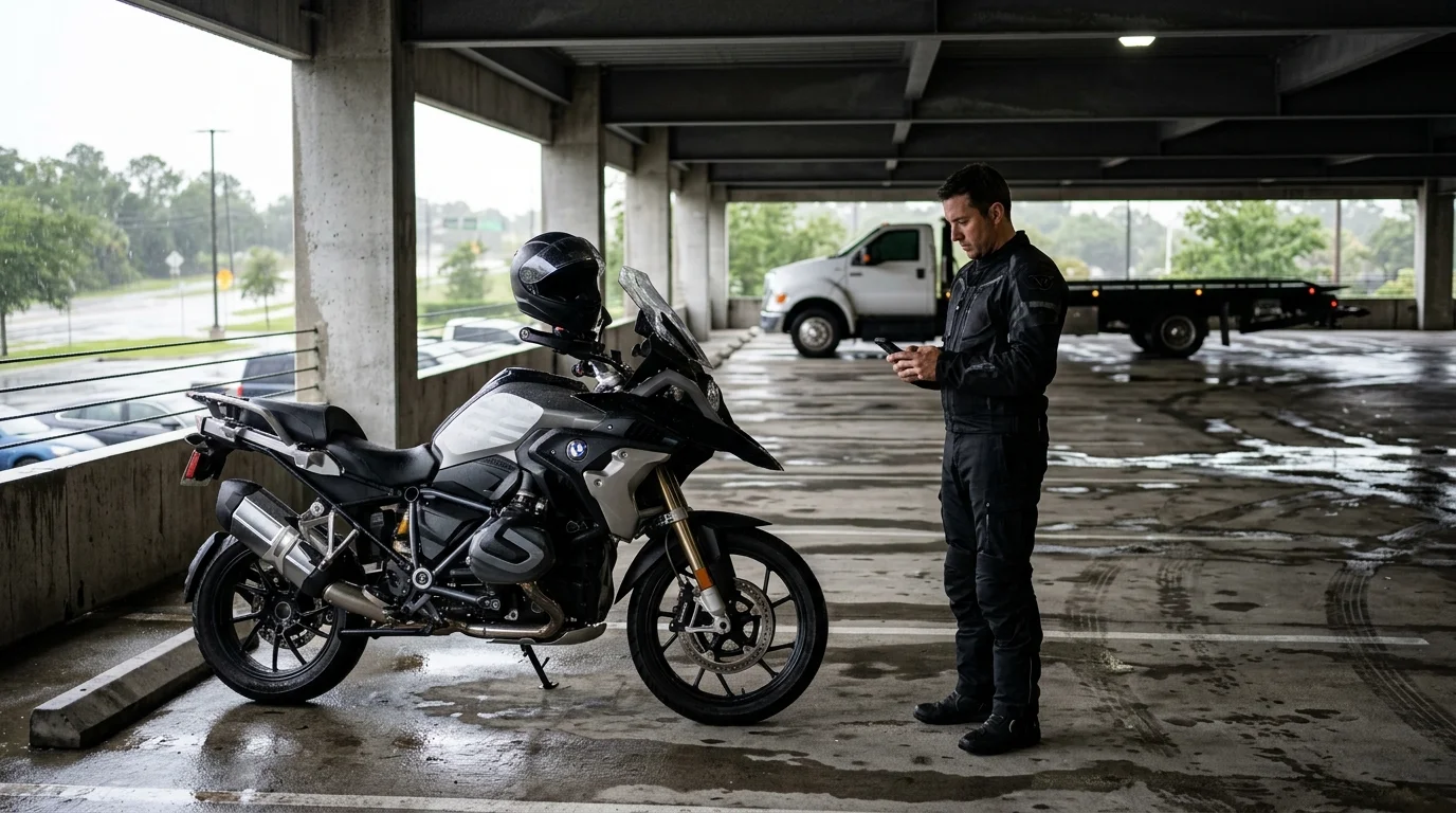 Rain-wet motorcycle parked under cover after an Orlando thunderstorm