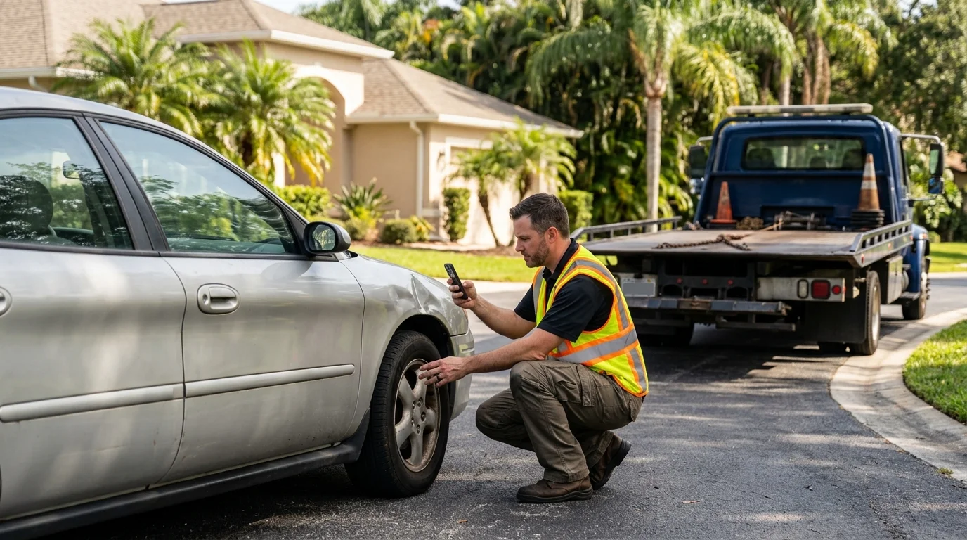Owner documenting a sedan before an Orlando long-distance tow