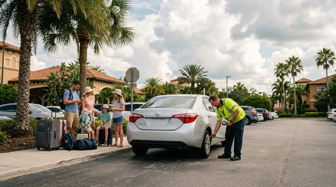 Family waiting beside a disabled rental car in an Orlando resort parking area