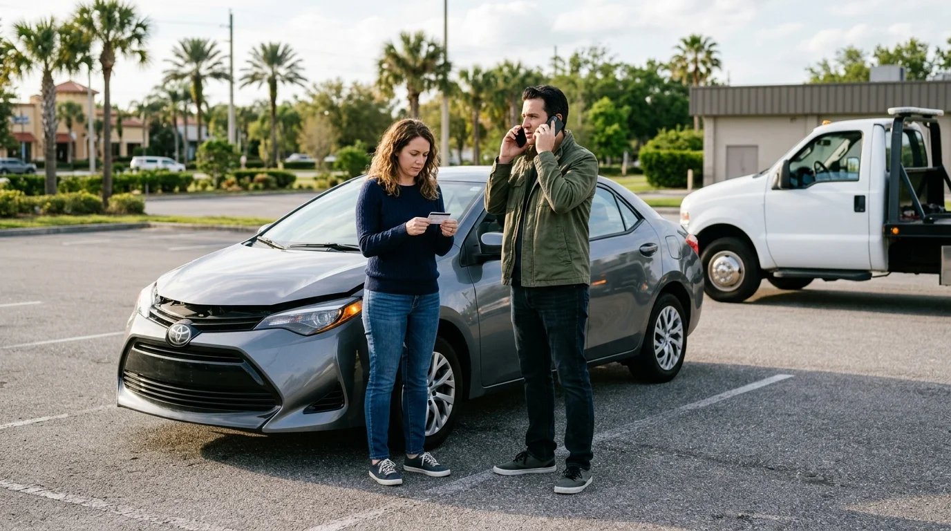 Two adults checking roadside coverage beside a disabled car in Orlando