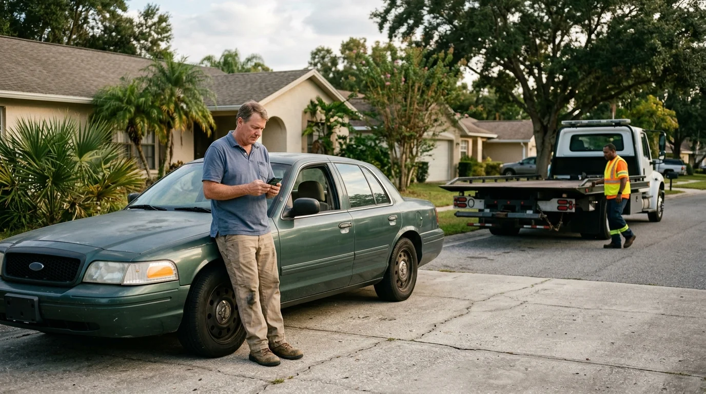 Owner checking a phone beside a disabled sedan in an Orlando driveway