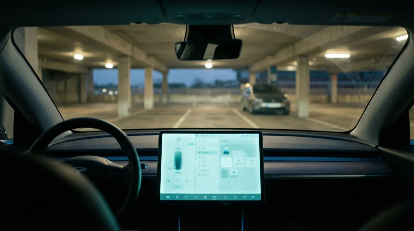 The dashboard screen of an electric car glowing inside a dim parking garage