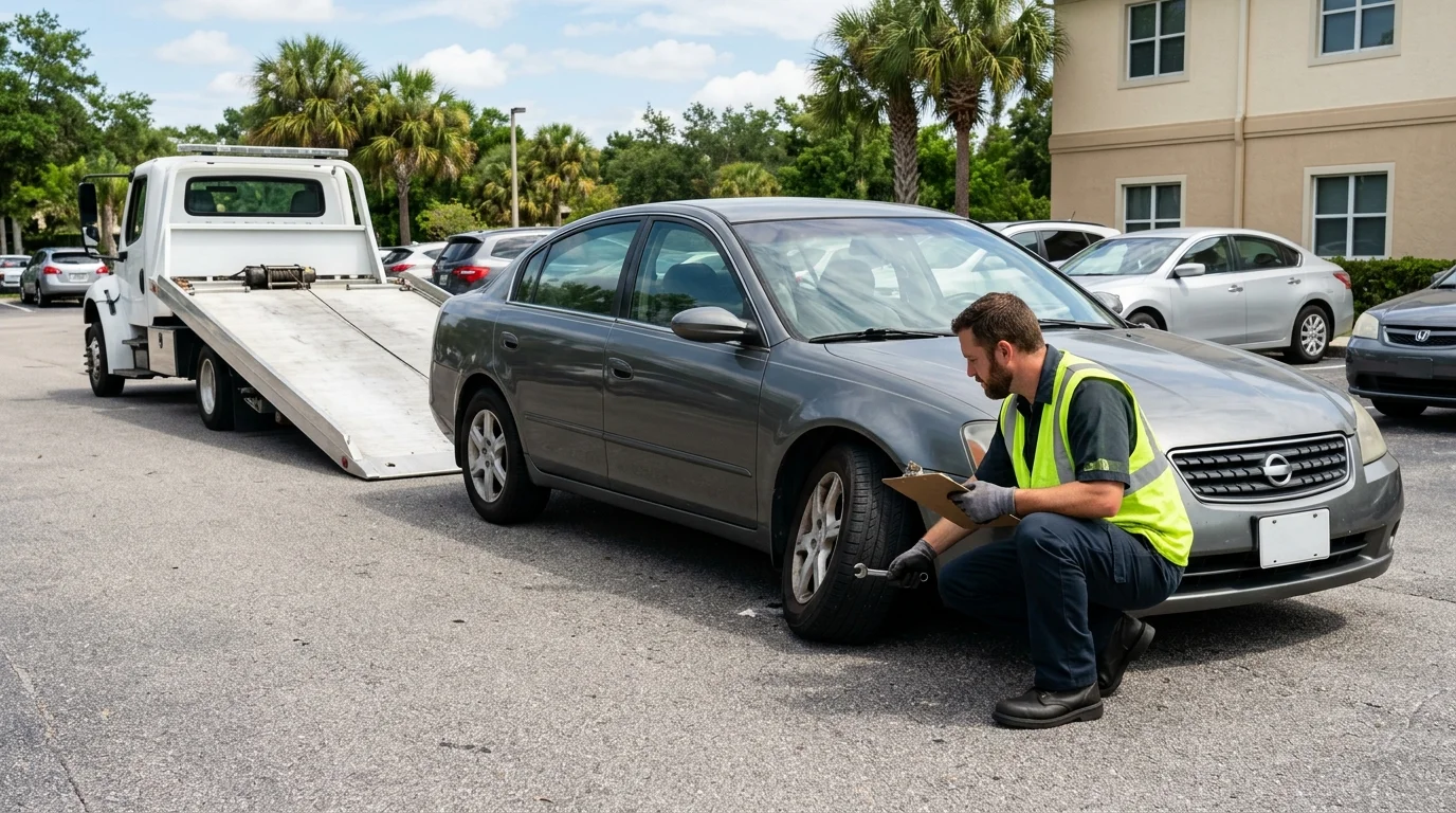 Disabled sedan with a misaligned wheel in a Central Florida parking lot, flatbed nearby