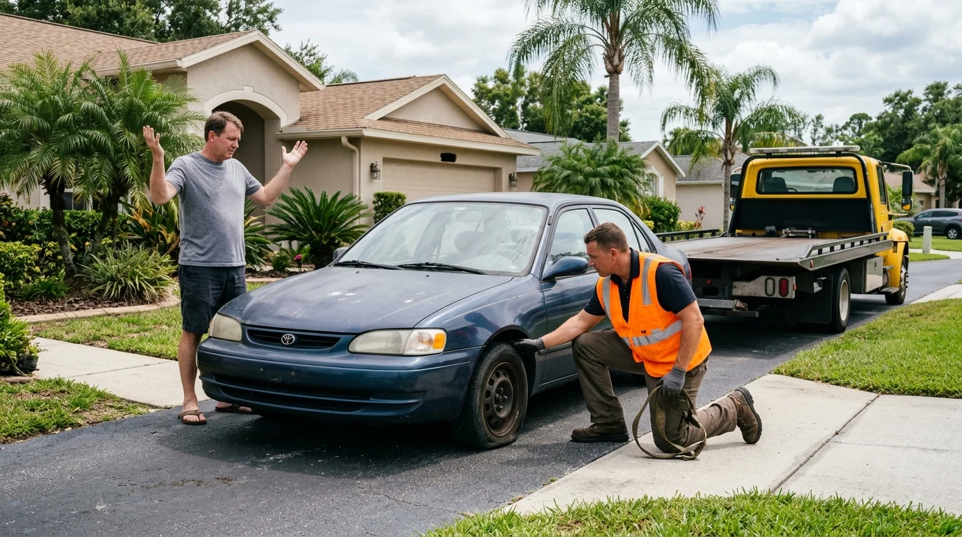 Operator inspecting a sedan parked in an Orlando driveway