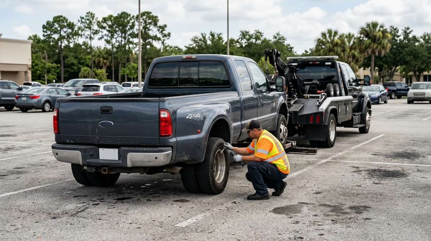 Operator inspecting a disabled dually pickup in an Orlando parking area