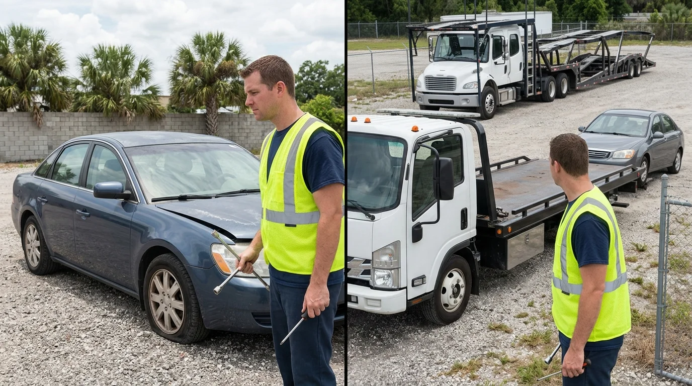 Non-running sedan parked between a flatbed tow truck and vehicle transporter