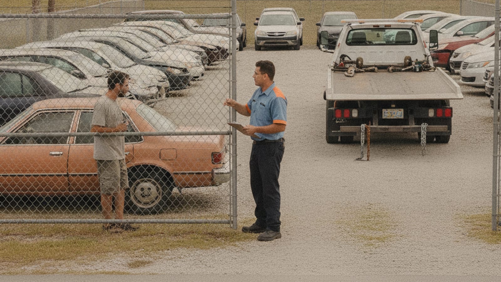 Driver reading a posted tow-away sign in an Orlando parking lot