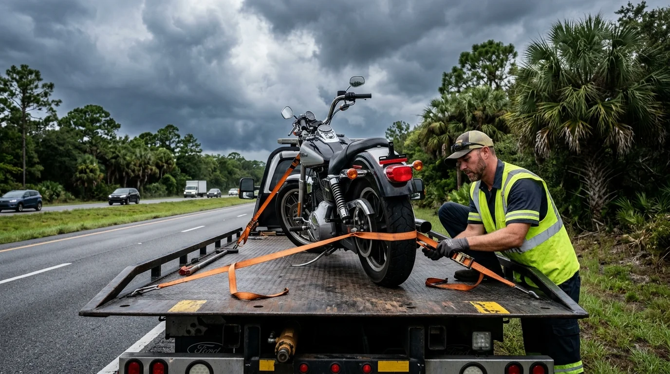 Motorcycle standing upright on a flatbed near an Orlando roadside
