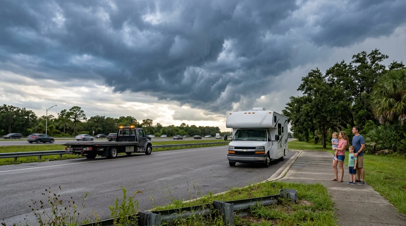 Motorhome stopped safely away from traffic beneath Central Florida storm clouds