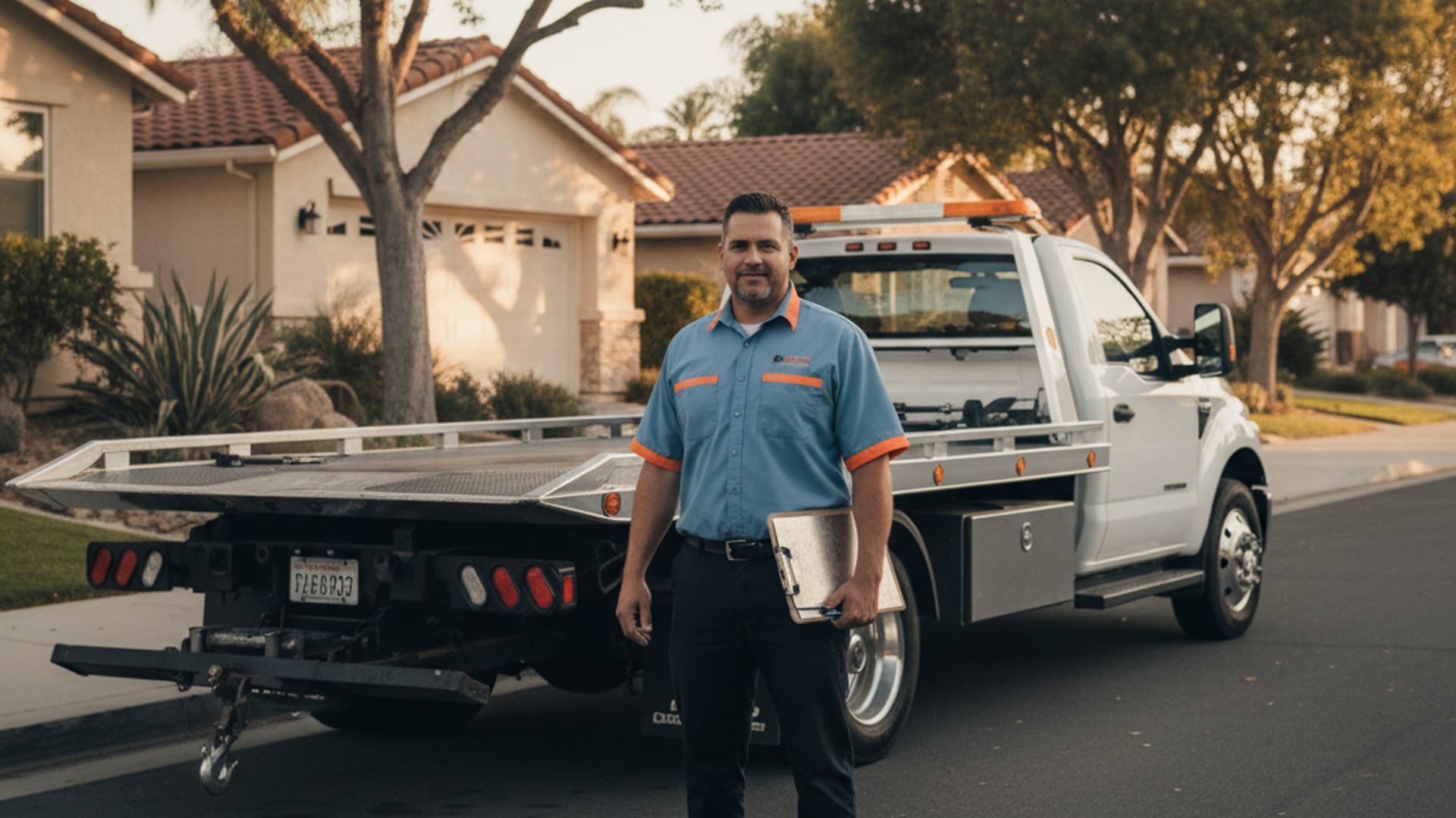 Quick Tow Orlando driver beside a flatbed rollback at golden hour in an Orlando residential neighborhood