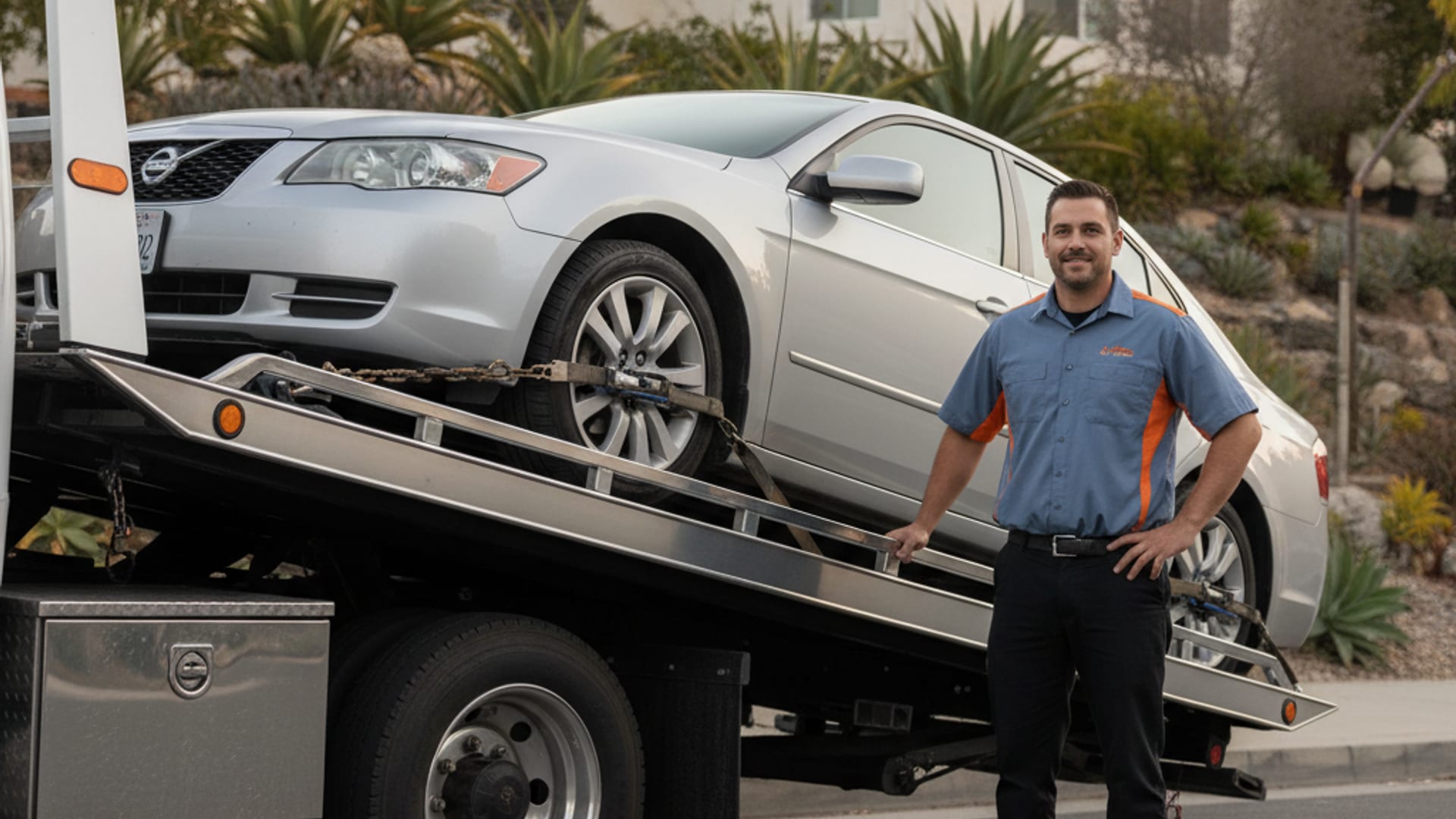 Quick Tow Orlando flatbed driver loading a disabled vehicle on an Orlando street at golden hour