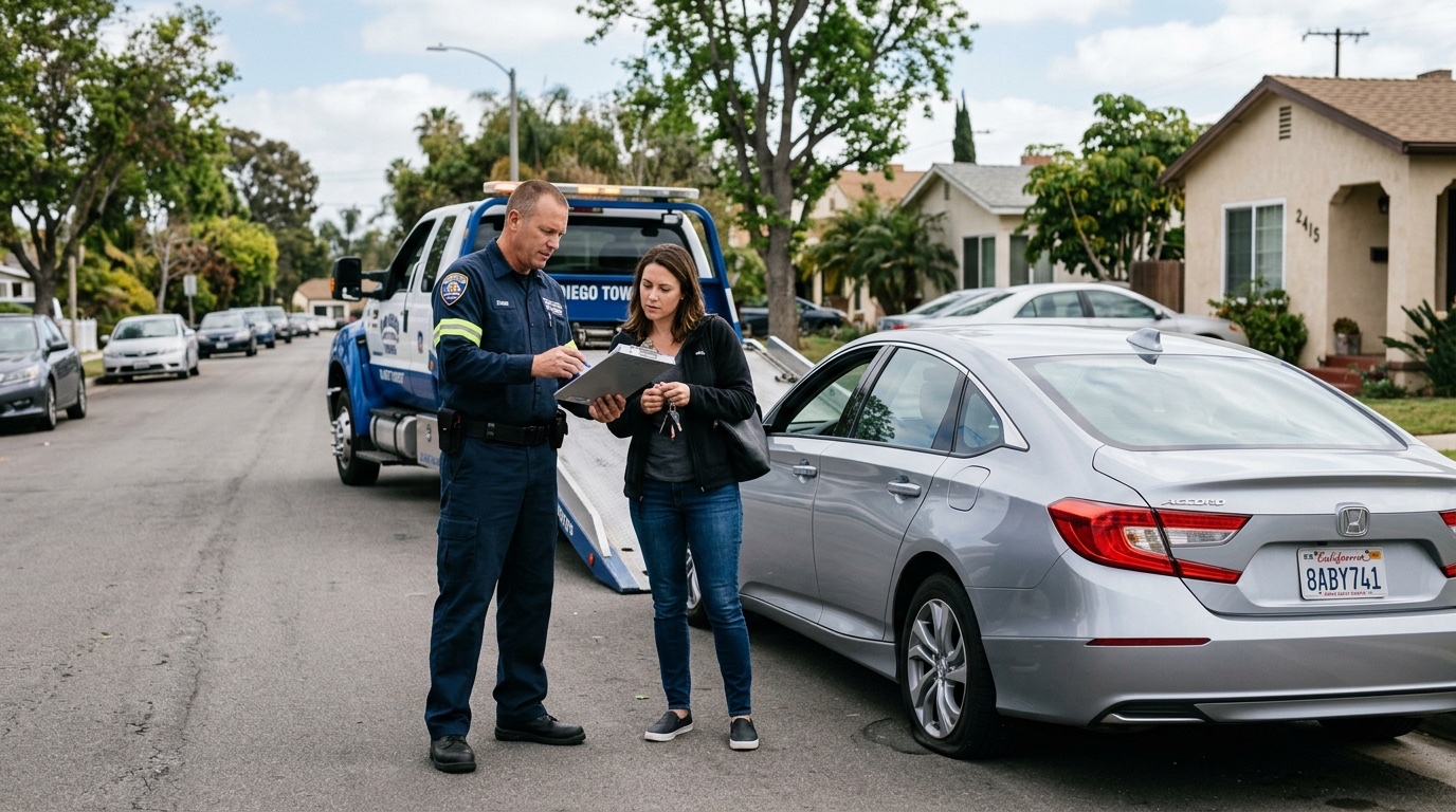 Orlando tow operator and customer discussing service options on an I-4 shoulder