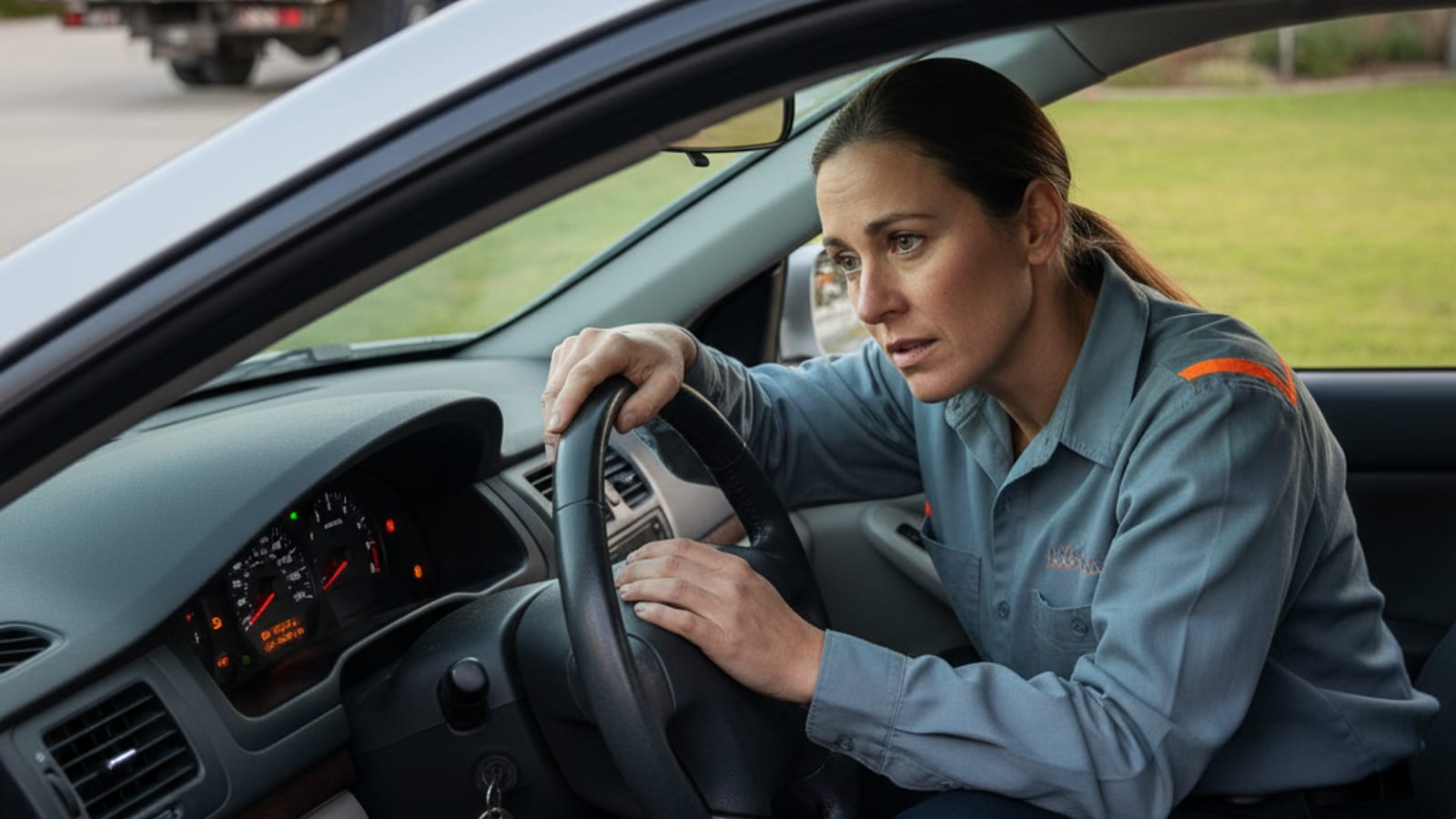 Driver checking dashboard warning lights on a parked car in an Orlando driveway