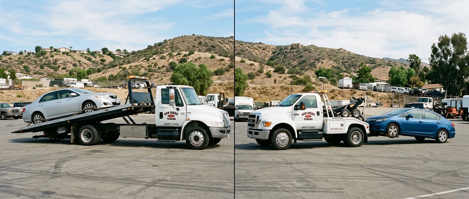 Side-by-side comparison of a flatbed tow truck and a wheel-lift tow truck loading vehicles in an Orlando service yard