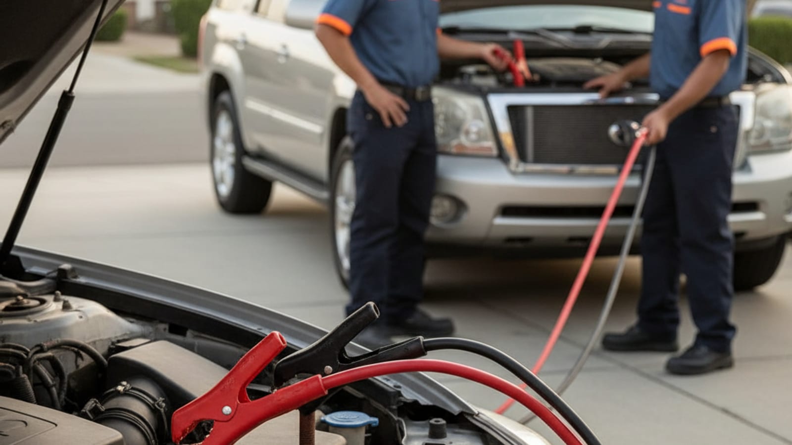 Close-up of jumper cables connected between two car batteries with the donor vehicle running in an Orlando driveway