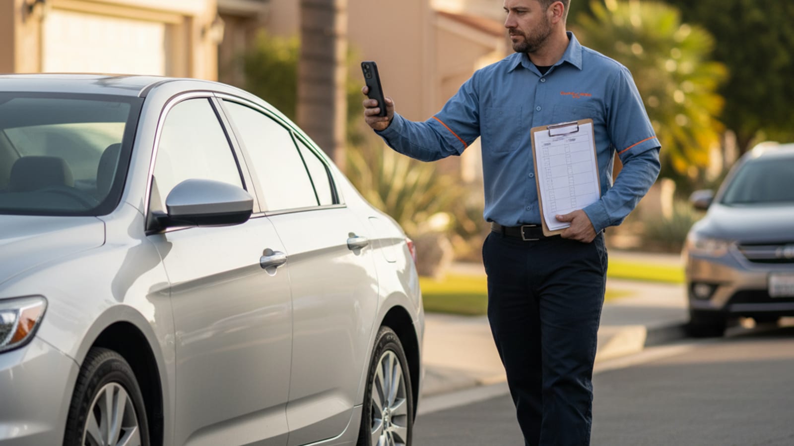 Driver walking around their vehicle making notes before a scheduled tow on an Orlando-area residential street