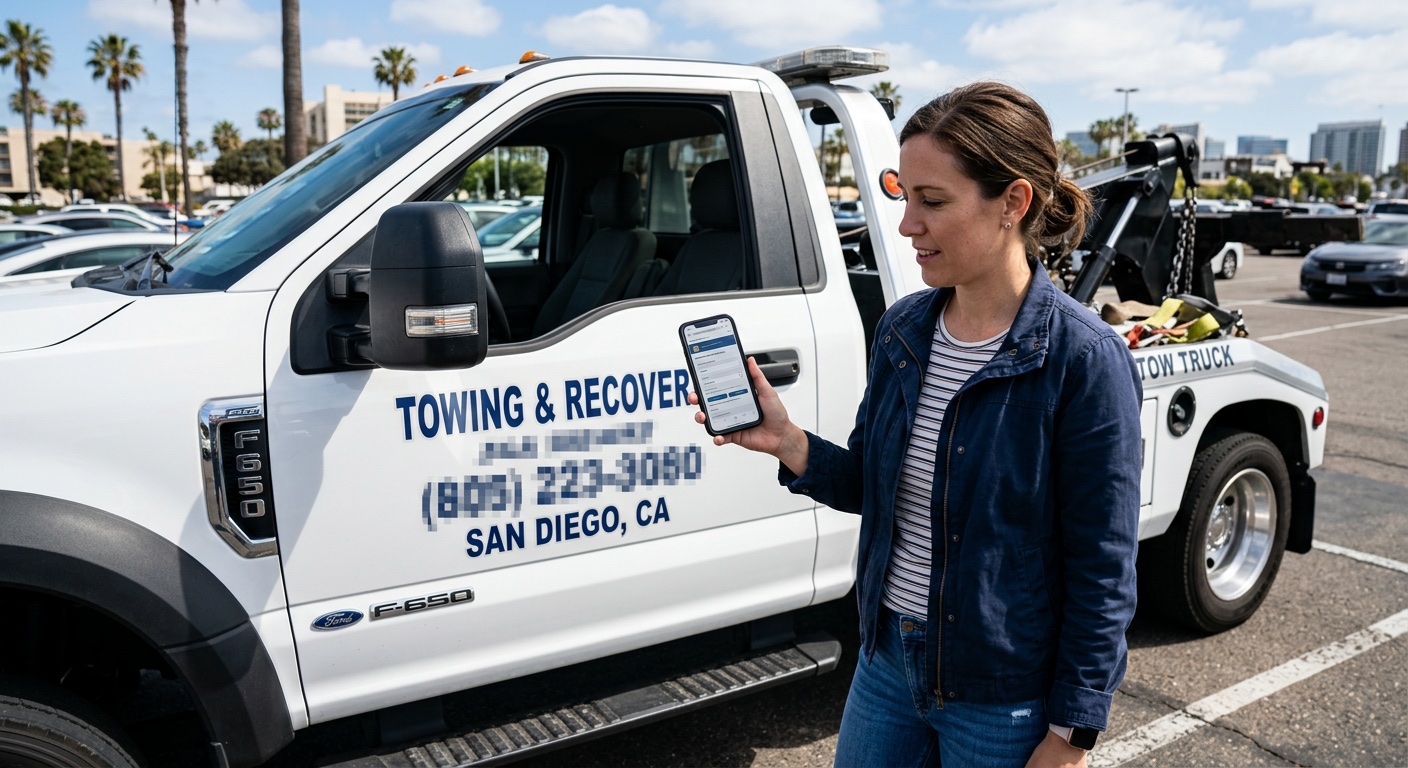 Customer checking a tow operator credentials on a smartphone in an Orlando parking lot